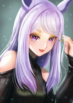 1girl animal_ears bare_shoulders black_sweater blush breasts closed_mouth commentary_request dated_commentary eyeshadow green_nails highres horse_ears horse_girl long_hair long_sleeves looking_at_viewer makeup mejiro_mcqueen_(umamusume) otono_(bkt4b) purple_eyes purple_hair red_lips smile solo sweater umamusume upper_body
