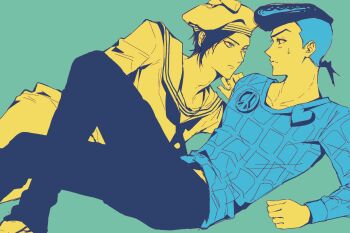 Rule 34 | 2boys, 2yu2a, black hair, black pants, blue eyes, commentary request, hat, head rest, highres, jojo no kimyou na bouken, jojolion, kira yoshikage (jojolion), korean commentary, kujo josefumi, limited palette, long sleeves, looking at another, male focus, multiple boys, pants, peace symbol, pompadour, sailor collar, sailor hat, sailor shirt, shirt