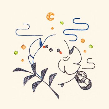 animal_focus bird branch bug commentary_request crescent_moon egasumi firefly full_body highres insect long-tailed_tit looking_at_viewer moon night no_humans original outdoors solo tit_(bird) traditional_media usagi_shigeko