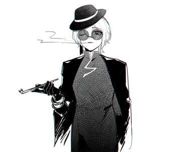 1girl arm_behind_back blonde_hair bracelet china_dress chinese_clothes coat coat_on_shoulders commentary don_quixote_(project_moon) dress earrings cinq_association_east_uniform gloves greyscale hesong2003 highres holding holding_smoking_pipe jewelry limbus_company long_sleeves monochrome one_eye_closed parted_lips partially_opaque_sunglasses project_moon round_eyewear short_hair simple_background single_earring smile smoke_from_mouth smoking smoking_pipe solo sunglasses symbol-only_commentary yellow_eyes