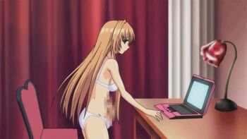 1futa animated animated_gif asa_kara_zusshiri_milk_pot blue_eyes bra breasts censored chair computer erection futanari lamp long_hair panties penis penis_in_panties solo standing underwear walking white_panties