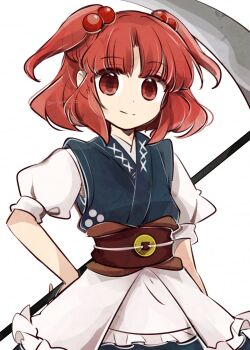 1girl beads blue_dress brown_sash coin commentary_request cowboy_shot dress hair_beads hair_ornament hand_on_own_hip highres holding holding_scythe looking_at_viewer medium_hair onozuka_komachi puffy_short_sleeves puffy_sleeves red_eyes red_hair scythe shirt short_sleeves skirt smile solo split_mouth tama_(hiroshige_36) touhou twintails white_shirt white_skirt