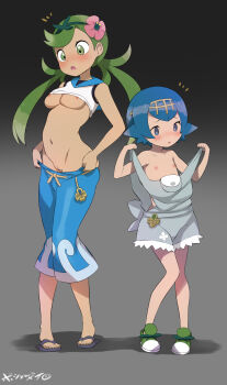 2girls :o absurdres alternate_color bad_id bad_pixiv_id blue_eyes blue_hair blush born-to-die breasts chestnut_mouth cleft_of_venus clothes_lift clothes_pull cosplay costume_switch cross-eyed dark-skinned_female dark_skin drawstring dressing flat_chest flip-flops flower gradient_background green_eyes green_hair grey_background groin hair_flower hair_ornament hairband height_difference highres knees_together_feet_apart lana_(pokemon) loli long_hair looking_down mallow_(pokemon) medium_breasts midriff multiple_girls naked_overalls navel nintendo nipples no_bra no_panties no_socks open_mouth overalls oversized_clothes pants pants_pull petite pokemon pokemon_sm pussy sandals shadow shirt shirt_lift shoes short_hair shorts signature sleeveless sleeveless_shirt standing swept_bangs tan trial_captain twintails uncensored undersized_clothes undressing