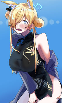 1girl :o alternate_costume alternate_hairstyle animal_ear_fluff animal_ears ass black_coat black_dress black_hair blonde_hair blue_archive blue_eyes blue_halo blush breasts butterfly_hair_ornament china_dress chinese_clothes clothes_tug coat collarbone commentary_request cosplay dog_ears dog_girl double_bun dress dress_tug embarrassed hair_bun hair_ornament hair_over_one_eye halo highres kanna_(blue_archive) kisaki_(blue_archive) kisaki_(blue_archive)_(cosplay) large_breasts leaning_forward long_hair long_sleeves looking_at_viewer meetnox no_panties open_clothes open_coat open_mouth sharp_teeth sidelocks simple_background sleeveless sleeveless_dress solo sweatdrop teeth turtleneck turtleneck_dress twintails