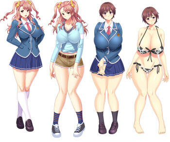 2girls animal_print barefoot belt blush bra breasts brown_hair cleavage cow_print curvy empty_eyes formal_clothes full_body game_cg gyaru hair_ornament hair_scrunchie highres huge_breasts kogal large_breasts lingerie loafers long_hair looking_at_viewer mind_control multiple_girls navel necktie panties pink_hair pleated_skirt purple_eyes red_eyes school_uniform scrunchie shirt shoes short_hair shorts simple_background skirt skyhouse sneakers socks standing suit tennis thick_thighs thigh_gap thighhighs thighs twintails underwear underwear_only visual_novel white_background wide_hips