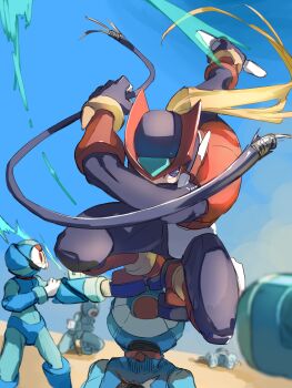 absurdres arm_cannon armor black_eyes blue_armor blue_helmet desert energy_sword forehead_jewel helmet highres holding holding_sword holding_weapon male_focus mega_man_(series) mega_man_zero_(series) multiple_boys omochi_(mochi_skymega) pantheon_(mega_man) red_armor red_helmet solo_focus standing_on_another&#039;s_head sword weapon z_saber zero(z)_(mega_man) zero_(mega_man)