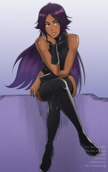 1girl artist_name bare_shoulders black_leotard black_thighhighs bleach bleach:_sennen_kessen-hen breasts collarbone crossed_legs dark-skinned_female dark_skin female_focus full_body hair_down hand_on_own_cheek hand_on_own_face ivizard_art93 large_breasts leotard parted_bangs purple_hair shihouin_yoruichi shiny_skin thighhighs thighs watermark yellow_eyes