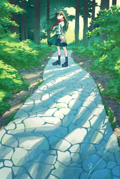 1girl black_eyes black_hair black_shoes black_skirt black_socks cobblestone commentary_request evening expressionless floating_clothes floating_hair foliage forest full_body highres ito_yoshi jacket loafers long_hair looking_at_viewer nature original outdoors path pleated_skirt red_scarf road scarf scenery shadow shoes signature skirt socks solo tree white_jacket