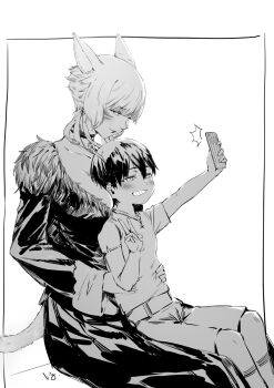 1boy 1girl age_difference animal_ears black_hair blush breast_pillow cellphone choker club3 dress facial_mark final_fantasy final_fantasy_xiv fur_trim greyscale highres monochrome phone selfie shorts shota sitting sitting_on_person smartphone smirk smug tail v white_hair y'shtola_rhul