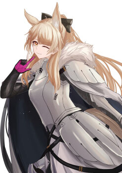 1girl ;) absurdres animal_ears arknights armor black_bow black_cape black_gloves blemishine_(arknights) blonde_hair bow cape closed_mouth commentary cuirass fur-trimmed_cape fur_trim gloves grey_cape hair_bow highres long_hair looking_at_viewer one_eye_closed pink_gloves pointing pointing_at_self shuuka simple_background smile solo tail two-sided_cape two-sided_fabric white_background yellow_eyes