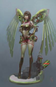 1girl boots bottle brown_hair can christian_angel drink_can grey_background hands_on_own_hips highres mechanical_wings mountain_dew short_hair soda_bottle soda_can solo standing thigh_boots wings