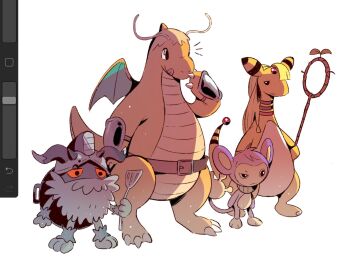 :q aipom ampharos antennae art_program_in_frame belt chilchuck_tims chilchuck_tims_(cosplay) claws commentary cosplay crossover dragon dragon_wings dragonite dungeon_meshi gen_1_pokemon gen_2_pokemon gen_8_pokemon grey_fur helmet holding holding_spatula laios_touden laios_touden_(cosplay) marcille_donato marcille_donato_(cosplay) monkey nintendo no_humans notice_lines orange_eyes padeliciouss perrserker pokemon pokemon_(creature) senshi_(dungeon_meshi) senshi_(dungeon_meshi)_(cosplay) simple_background spatula standing tail tongue tongue_out white_background wings