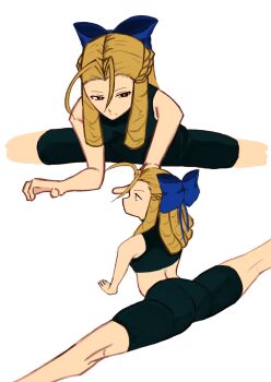 1girl ass blonde_hair capcom expressionless flexible highres kanzuki_karin simple_background split street_fighter tagme tikuwabu_33 white_background