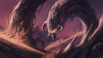 1other ambiguous_gender armor bare_tree battle bohrokki boss_fight full_armor giant giant_monster grass highres mandibles monster mountain mountainous_horizon player_character_(terraria) red_eyes rock rocky scenery sky spikes sword terraria tree tripping weapon worm