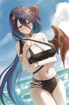 1girl absurdres arm_under_breasts bikini black_bikini black_hair blush craig_(2980ct) green_eyes hair_between_eyes hair_ornament highres horn_ornament horn_ring horns legs_together long_hair looking_at_viewer multi-strapped_bikini_bottom navel ocean outdoors princess_connect! ranpha_(princess_connect!) ranpha_(summer)_(princess_connect!) red_horns red_wings single_bare_shoulder single_horn single_wing solo standing swimsuit wings