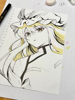 Rule 34 | 1girl, alto2019, art tools in frame, bow, commentary request, dress, hair bow, hat, hat ribbon, highres, long hair, mob cap, photo (medium), ribbon, solo, tabard, touhou, traditional media, yakumo yukari