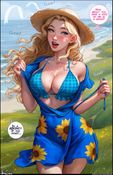 1girl absurdres aroma_sensei artist_name beach bikini bikini_under_clothes black_border blonde_hair blue_dress blue_eyes blue_panties blush border breasts cleavage clothes_pull collarbone covered_navel cowboy_shot curvy dress dress_pull english_text floating_hair floral_print freckles frilled_bikini frills grass haley_(stardew_valley) halterneck hat highres large_breasts long_hair looking_to_the_side mole mole_on_breast nose open_clothes open_dress open_mouth outdoors panties pantyshot parted_hair patreon_username plaid_bikini plaid_clothes short_dress sky smile solo sound_effects speech_bubble stardew_valley straw_hat swimsuit underwear undressing v-neck wide_hips wind wind_lift