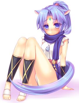 Rule 34 | 10s, 1girl, animal ears, bare legs, barefoot, blue eyes, blue hair, blush, dog days, feet, female focus, forehead jewel, full body, gold trim, hlz, horse ears, horse girl, horse tail, long hair, matching hair/eyes, ponytail, purple eyes, scarf, sharu (dog days), simple background, solo, tabard, tail, toeless legwear, toes, white background