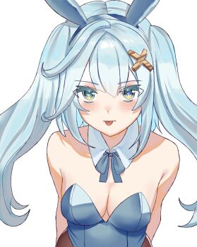 1girl animal_ears blue_hair blush breasts fake_animal_ears faruzan_(genshin_impact) genshin_impact green_eyes highres looking_at_viewer playboy_bunny rabbit_ears rabbit_girl tongue
