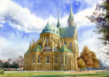 Rule 34 | arched window, architecture, bare tree, blue sky, building, cathedral, church, cloud, cloudy sky, commentary, cross, day, dormer, english commentary, european architecture, gothic architecture, grass, grzegorz wrobel, hedge, latin cross, no humans, original, outdoors, painting (medium), poland, real world location, sky, spire, traditional media, tree, watercolor (medium), window