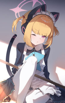 1girl absurdres animal_ear_headphones animal_ears apron black_dress blonde_hair blue_archive blue_bow blue_bowtie blush bow bowtie broom cat_ear_headphones cat_ears cat_tail collared_dress commentary convenient_leg dress fake_animal_ears fake_tail foot_out_of_frame frilled_apron frilled_dress frills frown hair_bow hair_intakes halo headphones highres ixia559 knee_up legs looking_at_viewer maid maid_headdress momoi_(blue_archive) momoi_(maid)_(blue_archive) official_alternate_costume official_alternate_hairstyle one_eye_closed pantyhose parted_lips pink_eyes pink_halo red_bow short_twintails sidelocks sitting solo tail twintails v-shaped_eyebrows white_apron white_pantyhose