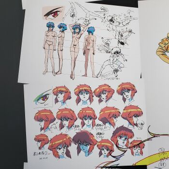 1girl absurdres artist_request blue_hair breasts check_artist closed_eyes commentary_request dated dynamic_pose ghost_in_the_shell gun handa_shuuhei highres holding holding_gun holding_weapon kusanagi_motoko looking_at_viewer medium_breasts nipples official_art photo_(medium) production_art red_hair reference_sheet smile the_ghost_in_the_shell third-party_source translation_request weapon white_background