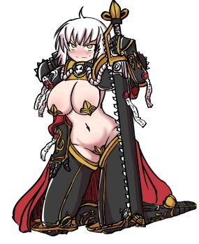 1girl :/ adepta_sororitas armor blush boots breasts cape chainsword cloak deculture embarrassed gloves hand_on_thigh highres kneeling large_breasts looking_at_viewer navel orange_eyes pasties power_armor purity_seal revealing_clothes short_hair shoulder_armor simple_background sisters_of_battle sword thighhighs thighs underwear warhammer_40k weapon white_background white_hair