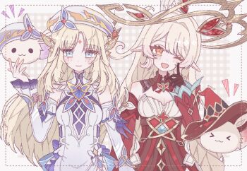 Rule 34 | 2girls, alice (genshin impact), bare shoulders, black gloves, blonde hair, blue eyes, breasts, cleavage, closed mouth, commentary, cross-shaped pupils, detached sleeves, dress, genshin impact, gloves, hand up, hat, highres, long hair, long sleeves, looking at viewer, multiple girls, nicole reeyn, one eye closed, open mouth, pointy ears, red dress, red eyes, smile, star-shaped pupils, star (symbol), symbol-shaped pupils, white dress, witch hat, yapc03