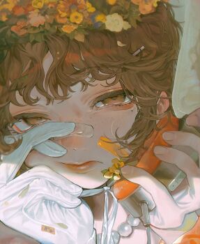 Rule 34 | 1girl, 87yanagi, bandaid, bandaid on face, bandaid on nose, commentary, flower, freckles, gloves, head wreath, highres, jewelry, mole, mole under eye, necklace, original, pearl necklace, solo, white gloves