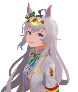 1girl absurdres ahoge animal_ears blue_eyes bow bowtie breasts center_frills closed_mouth cropped_torso ear_ornament frills grey_hair hair_between_eyes hair_ornament hairband hashtag-only_commentary highres horse_ears horse_girl jacket long_hair looking_at_viewer multicolored_bow multicolored_bowtie multicolored_ribbon official_alternate_costume oguri_cap_(miraculous_white_star)_(umamusume) oguri_cap_(umamusume) ribbon selvha shirt short_sleeves simple_background smile solo umamusume white_background white_jacket white_shirt