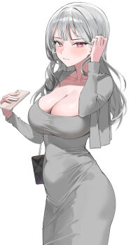 1girl absurdres adjusting_hair breasts bright_pupils cellphone choppy_bangs cleavage commentary_request covered_navel cowboy_shot detached_sleeves dongtan_dress dress from_side grey_dress grey_hair grey_jacket hand_up highres holding holding_phone jacket korean_commentary large_breasts light_blush long_hair long_sleeves looking_at_viewer looking_to_the_side ohwayo open_clothes open_jacket phone pigpotato project_[i] red_eyes simple_background smartphone solo standing straight_hair turning_head virtual_youtuber white_background white_pupils