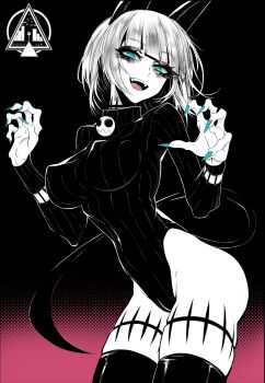 1girl absurdres animal_ears black_background blue_eyes bob_cut breasts cat_ears cat_girl cat_tail claw_pose covered_erect_nipples cowboy_shot dizzle facing_viewer fingernails gradient_background heattech_leotard highres large_breasts leotard long_fingernails looking_at_viewer ms._fortune_(skullgirls) open_mouth pink_background scar skullgirls smile solo tail thighhighs turtleneck