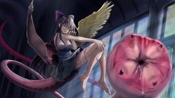1girl angel_wings ass barefoot black_alice_(goddess_of_chaos)_(mon-musu_quest!) black_alice_(mon-musu_quest!) blonde_hair blue_dress bow breasts cleavage commentary_request demon_tail demon_wings dress eyes_visible_through_hair hair_bow hand_on_own_arm hand_on_own_leg heterochromia highres indoors leg_tattoo light_rays long_hair long_tail medium_breasts mon-musu_quest! mon-musu_quest:_paradox monster_girl nose purple_bow purple_hair red_eyes sleeveless split_theme stained_glass tail tail_mouth tattoo user_chds3888 white_bow wings yellow_eyes