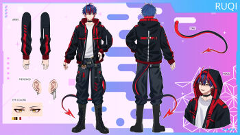 1boy absurdres back black_boots blue_hair boots demon_boy demon_horns demon_tail earrings highres hood hoodie horns indie_virtual_youtuber jacket jewelry multicolored_hair multicolored_jacket red_hair reference_sheet ring ruqi_(vtuber) senapops tail yellow_eyes