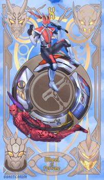 6+boys armor belt bodysuit card_(medium) den-o_belt denliner english_text giganticbrush gloves glowing glowing_eyes highres holding horns kamen_rider kamen_rider_den-o kamen_rider_den-o_(series) kintaros looking_at_viewer male_focus momotaros multiple_boys red_eyes rider_belt ryutaros sieg sword sword_form tarot tarot_(medium) tokusatsu train urataros weapon wheel_of_fortune_(tarot) yellow_eyes