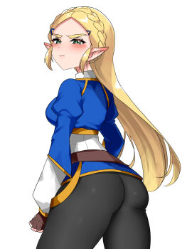 1girl ass black_pants blue_shirt blush braid breasts brown_gloves closed_mouth commentary_request cowboy_shot crown_braid ear_blush fingerless_gloves from_behind gloves gold_trim green_eyes highres juliet_sleeves long_hair long_sleeves looking_at_viewer looking_back medium_breasts nintendo pants princess_zelda puffy_sleeves shirt simple_background solo the_legend_of_zelda the_legend_of_zelda:_breath_of_the_wild tight_clothes tight_pants v-shaped_eyebrows wasabi_(legemd) white_background