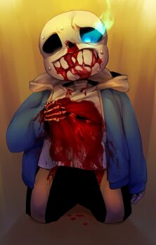 1other arm_at_side black_shorts bleeding blood blood_drip blood_drop blood_from_mouth blood_on_body blood_on_clothes blood_on_face blood_on_ground blood_on_hands blue_coat blue_eyes clenched_teeth coat commentary_request dappled_sunlight deep_wound evening glowing glowing_eye guro hand_on_own_chest hood hooded_coat injury kneeling leaning_back nosebleed open_clothes open_coat sans_(undertale) shirt shorts skeleton solo sunlight suno_(imydream) sweatdrop teeth undertale utdr_(toby_fox) white_shirt yellow_background zipper_pull_tab