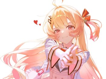 Rule 34 | 1girl, ahoge, blonde hair, bow, closed mouth, dress, finger gun, fortissimo, hair ornament, hashtag-only commentary, heart, highres, hololive, jacket, long hair, looking at viewer, musical note, musical note hair ornament, one side up, otonose kanade, pointing, pointing at viewer, red bow, red eyes, roha (2r0ha1745), simple background, smile, solo, upper body, virtual youtuber, white background, white jacket