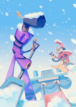 3boys blue_sky clenched_teeth ecks_(mario) floating half-closed_eyes hashtag-only_commentary highres holding holding_shovel legs_apart mario_&amp;_luigi:_brothership mario_&amp;_luigi_rpg mario_(series) monyorun multiple_boys nintendo no_humans no_pupils outdoors shovel shoveling shun_(mario) sky snow snowing snowplow standing teeth ten_(mario) v-shaped_eyebrows yellow_eyes