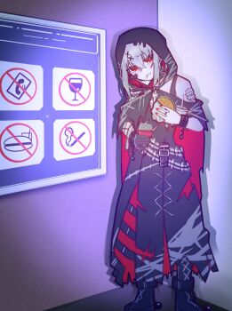 1girl bai_weizi_lingzi belt black_boots black_dress boots bracelet burger cellphone cigarette colored_inner_hair commentary_request cup dress drinking_glass food full_body gauze grey_hair hair_ornament highres holding holding_burger holding_cup holding_food hood hood_up jewelry looking_at_viewer mahou_shoujo_no_majo_saiban multicolored_hair no_smoking no_symbol phone rebel red_eyes shito_alisa short_hair sign smartphone solo standing torn_clothes torn_dress wine_glass x_hair_ornament