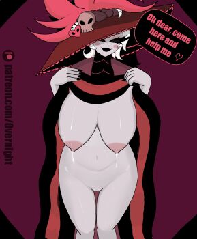 black_eyes black_lips breasts clothes_lift colored_skin commentary deep_skin english_commentary eyelashes grey_skin hazbin_hotel hellaverse highres lactation large_breasts leaking looking_at_viewer overnight plump rosie_(hazbin_hotel) skirt skirt_lift undressing wide_hips