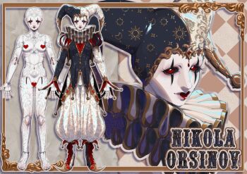 Rule 34 | 1girl, bald, bald female, black sclera, blackberreh-art, breasts, clown, colored sclera, colored skin, design speculation, doll joints, eyelashes, feet, hat, highres, jester, jester cap, jester costume, joints, lips, makeup, mannequin, navel, neck ruff, nikola orsinov, nose, nude, red eyes, red lips, smile, the magnus archives, white skin