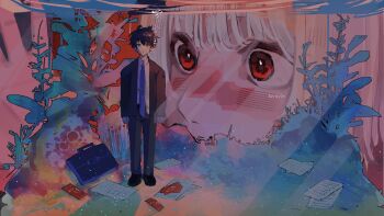 Rule 34 | 2boys, akinashi haru, arms at sides, commentary, formal clothes, from inside, highres, in aquarium, looking at another, looking at viewer, male focus, mini person, miniboy, multiple boys, paper, plant, saihate eki, ser4rin, standing, suit, suitcase, symbol-only commentary, tatsunami shion, ticket, underwater