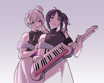 2girls black_shirt blush cho_kaguya-hime! commentary cowboy_shot english_commentary green_eyes hair_bun hand_on_another's_shoulder holding holding_instrument instrument keytar long_hair looking_at_another multiple_girls purple_hair ruinaiq runami_yachiyo sakayori_iroha shirt short_hair side_ponytail single_side_bun skirt sleeveless sleeveless_shirt smile standing white_skirt