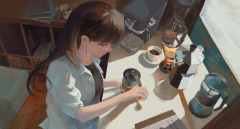 Rule 34 | 1girl, absurdres, artist request, bang dream!, bang dream! it's mygo!!!!!, black shirt, brown hair, closed mouth, coffee, coffee filter, coffee grinder, coffee mug, coffee press, commentary, commission, cup, earrings, highres, indoors, jacket, jewelry, long hair, moka pot, mug, purple eyes, second-party source, shiina taki, shirt, table, white jacket