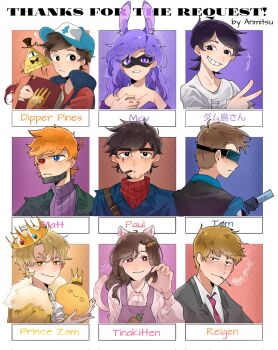 2girls 6+boys :3 ahoge animal_ears animification anmitsu_(anmitsu40919780) artificial_eye ascot beard_stubble bill_cipher black_hair black_suit black_vest blonde_hair blue_coat blue_eyes blue_shirt blush border brown_hair cape cat_ears cat_girl cat_tail character_name character_request cigarette claw_pose coat commentary copyright_request crown dipper_pines domino_mask eddsworld english_commentary english_text extra_ears eye_mask facial_hair flipped_hair followers_favorite_challenge formal_clothes fur-trimmed_cape fur_trim future_matt_(eddsworld) future_tom_(eddsworld) gravity_falls green_jacket grin hat head-mounted_display highres holding jacket long_hair looking_at_viewer mask matt_(eddsworld) mechanical_eye minecraft_youtube mob_psycho_100 multiple_boys multiple_drawing_challenge multiple_girls necktie orange_hair overalls paul_(eddsworld) princezam purple_eyes purple_hair purple_overalls purple_sweater rabbit_ears red_necktie red_sweater reigen_arataka shirt short_hair smile smoking stubble suit sweater tail tinakitten tom_(eddsworld) v vest white_ascot white_border yellow_cape yellow_eyes