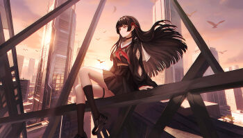 1girl absurdres arm_cutout black_choker black_hair black_jacket black_serafuku black_shirt black_shoes black_skirt black_socks breasts chisa_(wuthering_waves) choker closed_mouth clothing_cutout commentary_request evening hair_ribbon high_up highres jacket loafers long_hair long_sleeves medium_breasts neckerchief orange_sky pamumii red_eyes red_neckerchief red_ribbon ribbon sailor_collar school_uniform serafuku shirt shoes sitting skirt sky socks solo tacet_mark_(wuthering_waves) thigh_strap thighs white_sailor_collar wuthering_waves