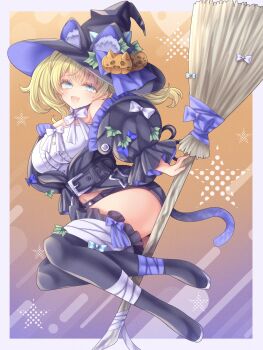 Rule 34 | 1girl, animal ear fluff, animal ears, bandages, black ribbon, black shorts, black thighhighs, blonde hair, blue eyes, blue ribbon, border, broom, broom riding, cat ears, cat tail, commentary request, frilled jacket, frills, full body, gambier bay (halloween) (kancolle), gambier bay (kancolle), gambier bay mk ii (kancolle), hat, highres, jack-o'-lantern, jack-o'-lantern hat ornament, jacket, kantai collection, long hair, looking at viewer, nagi kantai114, open mouth, puffy sleeves, ribbon, shirt, shorts, smile, solo, tail, thighhighs, twintails, white border, white shirt, witch hat