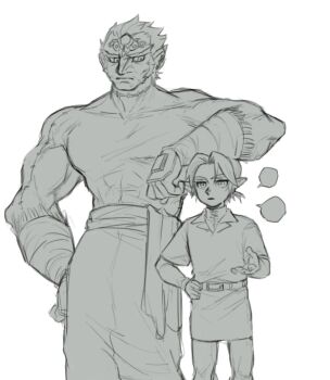 2boys arm_on_another's_head belt big_nose blank_speech_bubble commentary_request forehead_jewel ganondorf grrr0111 hat highres less_than_chest_height light_frown link looking_at_another male_focus multiple_boys muscular muscular_male nintendo open_mouth pants pointy_ears ponytail scar short_hair short_ponytail sideburns speech_bubble standing the_legend_of_zelda tunic white_background