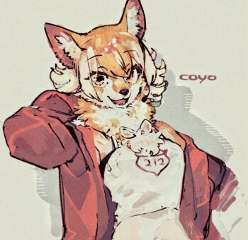 1girl animal_ears bare_shoulders blonde_hair camisole coyote_(kemono_friends) extra_ears furrification furry grey_background jacket kemono_friends kemono_friends_v_project looking_at_viewer microphone red_jacket short_hair simple_background solo toki_reatle upper_body virtual_youtuber white_camisole wolf_ears wolf_girl yellow_eyes